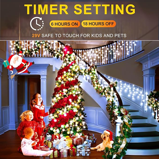 KNONEW 99ft 960 LED Christmas Lights Outdoor Decorations with 180 Drops, 8 Modes Curtain Fairy Light, Clear Wire LED String Light Indoor Decor for Wedding Party Christmas(Cool White)