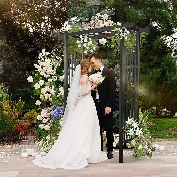 VINGLI Garden Arbor, PVC Wedding Arch for Ceremony Party, Garden Trellis for Climbing Plants Outdoor, Arch Backdrop Stand for Garden, Backyard, Lawn, Wedding (Black)