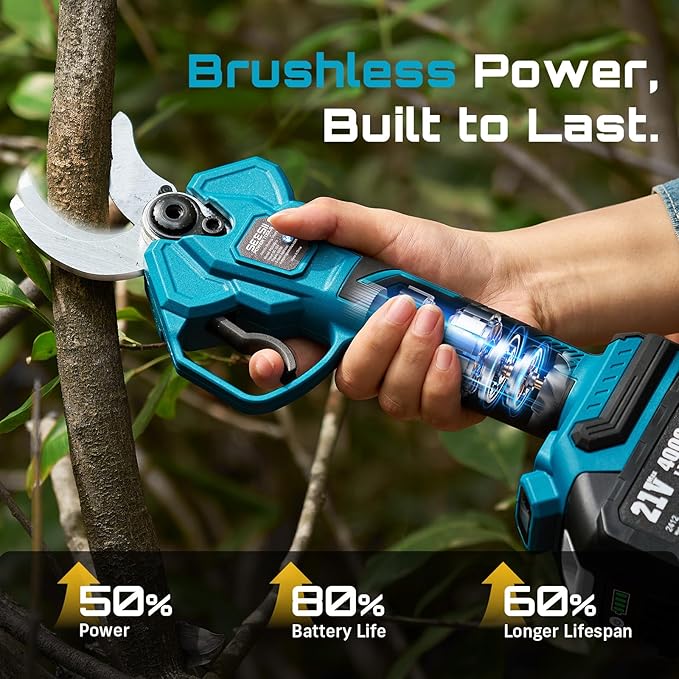 SEESII 2-in-1 Pole Pruning Shears: 1.6" Cutting Diameter Cordless Electric Pole Pruners - Brushless Motor, Dual 4.0Ah Batteries, Extra SK5 Blade, 4 Modes Adjustable Branches Cutter for Tree & Flower