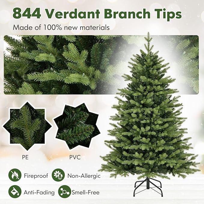 Happygrill 5 FT Pre-Lit Artificial Christmas Tree, Hinged Xmas Tree w/ 844 Branch Tips, 250 LED Lights, 11 Lighting Modes, 3 Auto Timers, 4-Level Brightness & Remote Control, Decoration Tree for Party