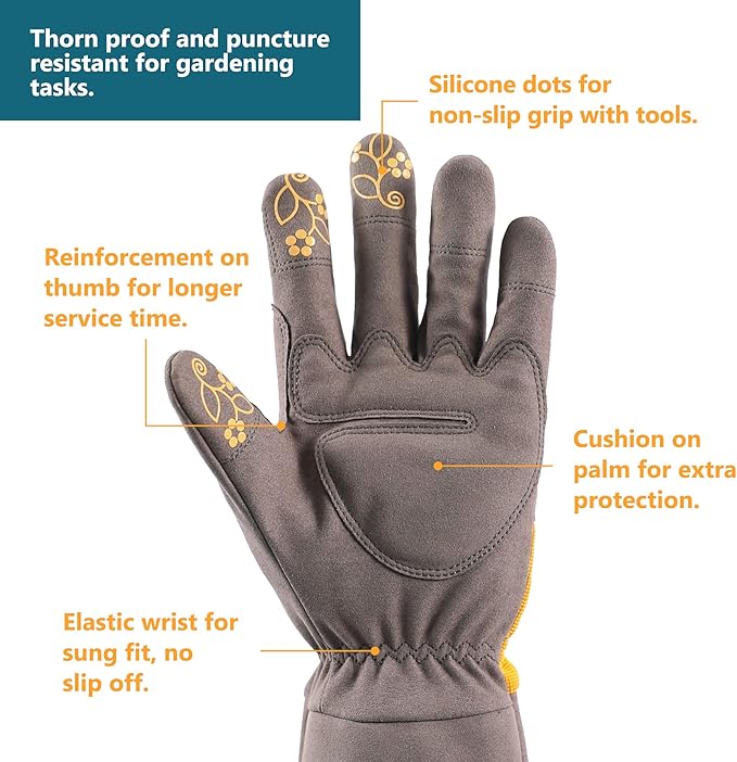 COOLJOB Thorn Proof Rose Pruning Garden Gloves for Women, Long Sleeve Padded Yard Work for Bush, Blackberry, Cactus, Heavy Duty/Puncture Resistant/Machine Washable, Medium, Yellow