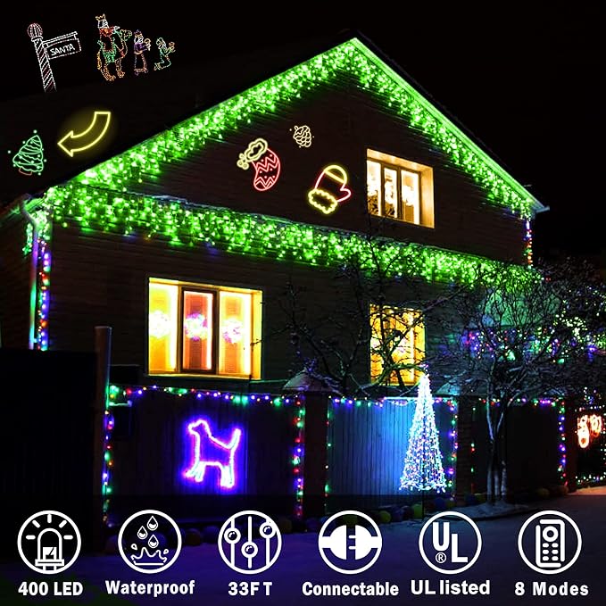 KNONEW Christmas Lights Outdoor Decorations 400 LED 33ft 8 Modes Curtain Fairy String Light with 75 Drops, Clear Wire LED String Light Indoor Decor for Wedding
