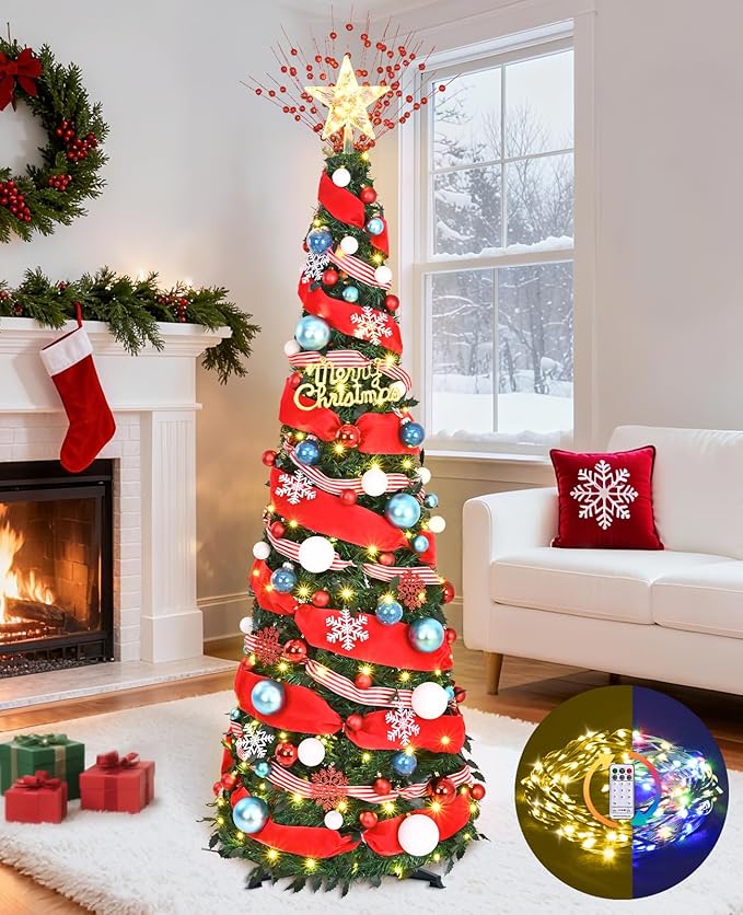 Dolicer 6FT Pop Up Artificial Christmas Tree with Lights & Remote, Collapsible Easy Christmas Tree with 200 Warm White & Colorful LED Lights, Foldable Xmas Tree for Small Space