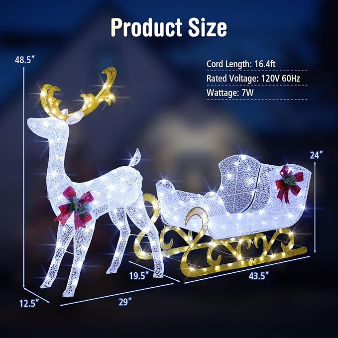 Tangkula 6 FT Christmas Lighted Reindeer & Santa’s Sleigh, Xmas Lighted Outdoor Yard Decoration with 215 LED Lights & 4 Ground Stakes, Artificial Christmas Décor for Indoor & Outdoor (Cold White)