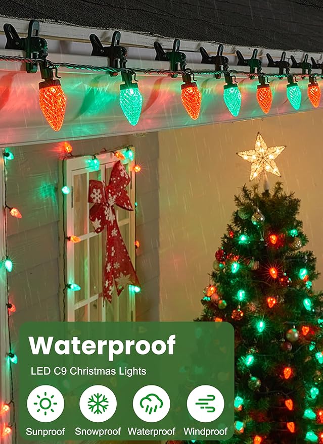 C9 LED Christmas Lights Outdoor, 68 Feet 100 LED Strawberry String Lights With 100 Spring Clamps, Waterproof Commercial Grade Extendable for Outside Roofline Patio Home Xmas Decoration, Red & Green