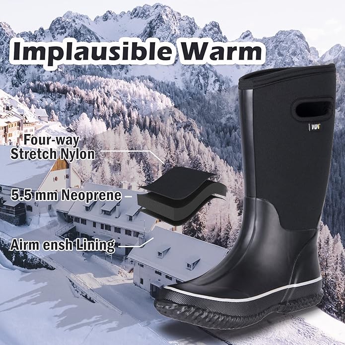 WTW Mid Calf Rain Boots for Women - Waterproof Insulated Neoprene Mud Boots Outdoor Hunting Garden Boots