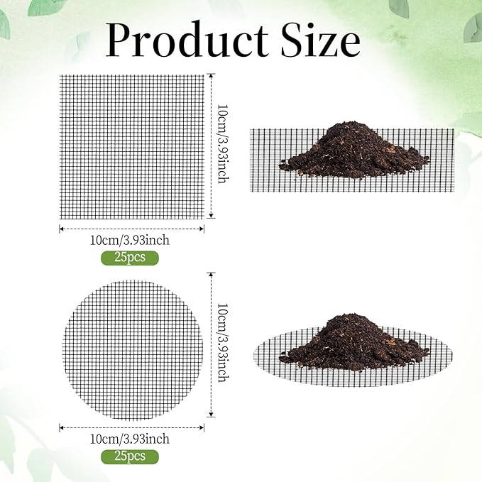50pcs Flower Pot Hole Mesh Pad 4 Inch Round/Square Polyethylene Bonsai Mesh Drainage Screens Garden Drainage Mesh Plant Pot Bottom Mesh Keep Soil from Flowing Away