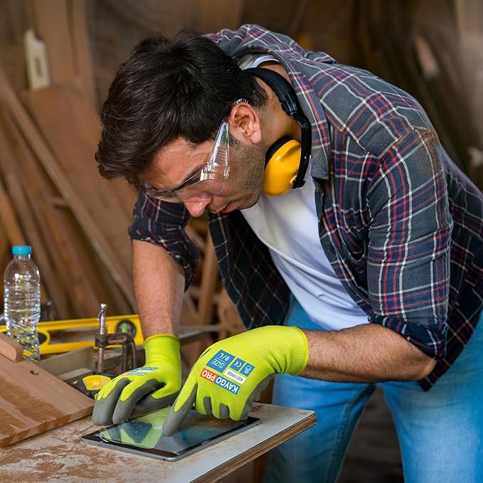 KAYGO Safety Work Gloves PU Coated for Men and Women- KG11P,12 Pairs,Seamless Knit Glove with Two Fingers Touchscreen,Ideal for General Duty Work (Green,L)