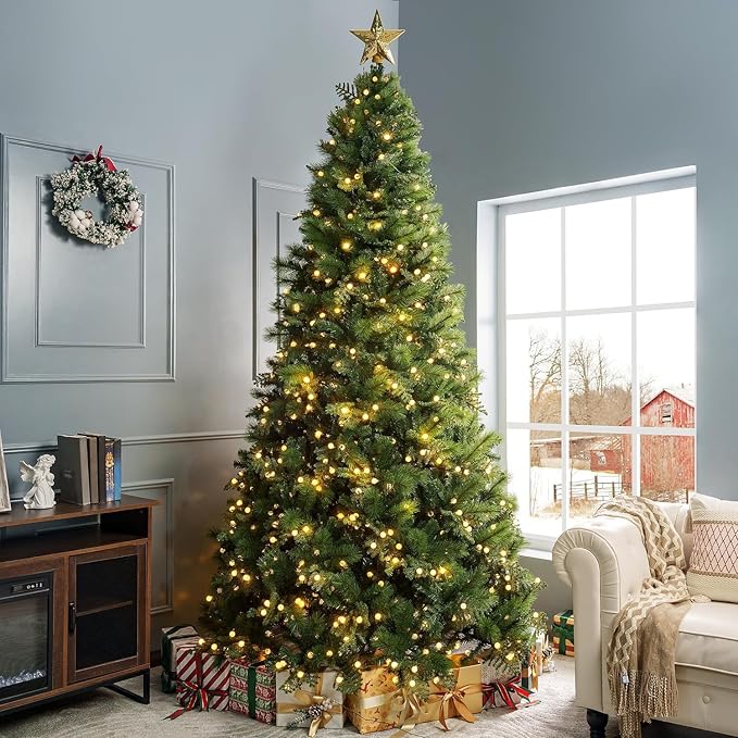 Evangeline 9ft Prelit Artificial Christmas Tree with 2514 Branch Tips, 850 Warm Lights and Metal Stand, 62" Wide Realistic Traditional Christmas Tree with Lights by Naomi Home