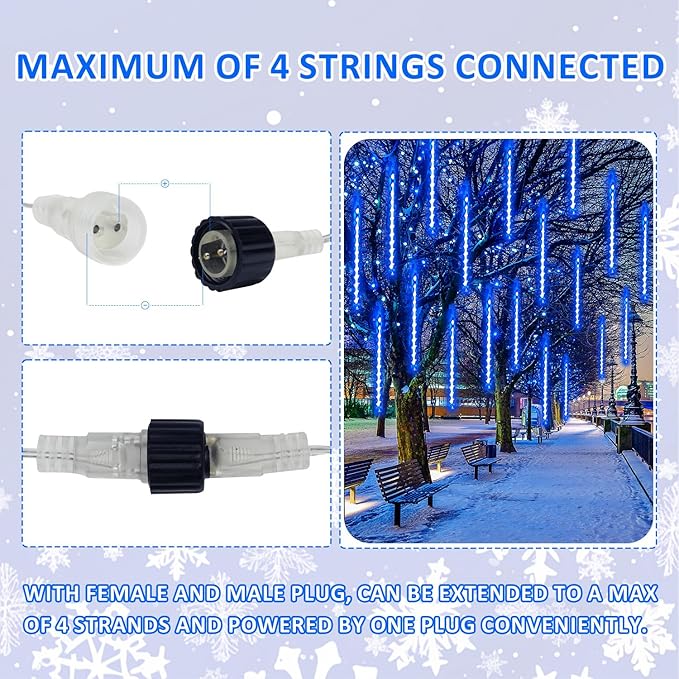 2-Pack Extendable Meteor Shower Christmas Lights Outdoor, 16 Tubes 384 LEDs Waterproof Falling Rain String Lights, Christmas String Lights Outdoor for Tree Garden Patio Holiday Decorations (Blue)