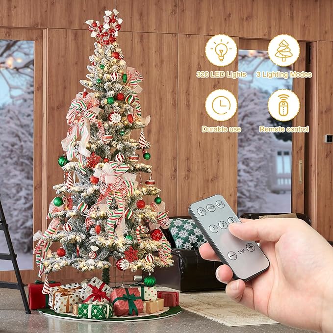 Glitzhome 7.5ft Pre-Lit Flocked Slim Artificial Christmas Tree Frostwood Spruce with 320 Warm White Lights and Sturdy Metal Stand for Home, Office, Party Decoration