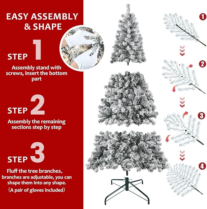 6FT Pre-Lit Flocked Christmas Tree with 250 Warm White Lights, Full White Christmas Tree with Premium PVC Branches,Realistic Snowy Look, Indoor Fake Snow Xmas Tree for Home Office Shops