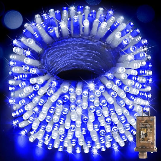 Hezbjiti 1000 LED 403 FT Christmas String Lights Outdoor, 8 Lighting Modes IP44 Waterproof Fairy Lights with Timer and Dimmable Function for Home Party Tree Decorations (Blue+White, Clear Wire)