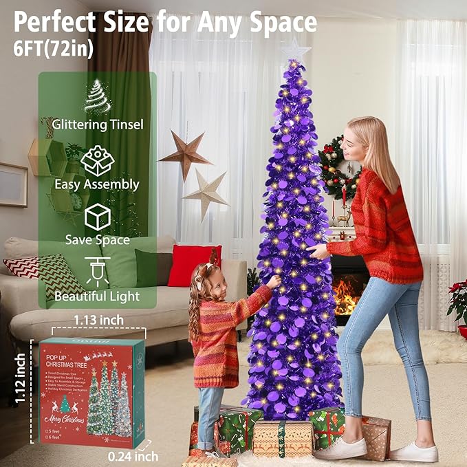 HMASYO 6 FT Pop Up Christmas Tree with 100 LED Lights & Remote, Purple Christmas Tinsel Tree, Collapsible Artificial Pencil Tree for Home Office Party Decor, USB Powered Timer Lights, Easy Assembly