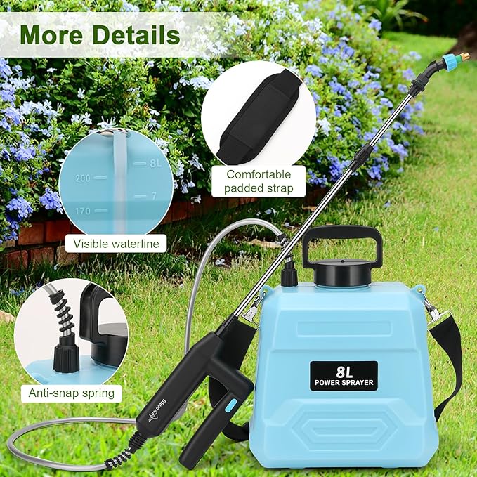 BlumWay Battery Powered Sprayer 2 Gallon, 7.4V Powerful Electric Sprayer with 5 Mist Nozzles,Rechargeable Handle, Retractable Wand, Adjustable Shoulder Strap for Lawn,Garden