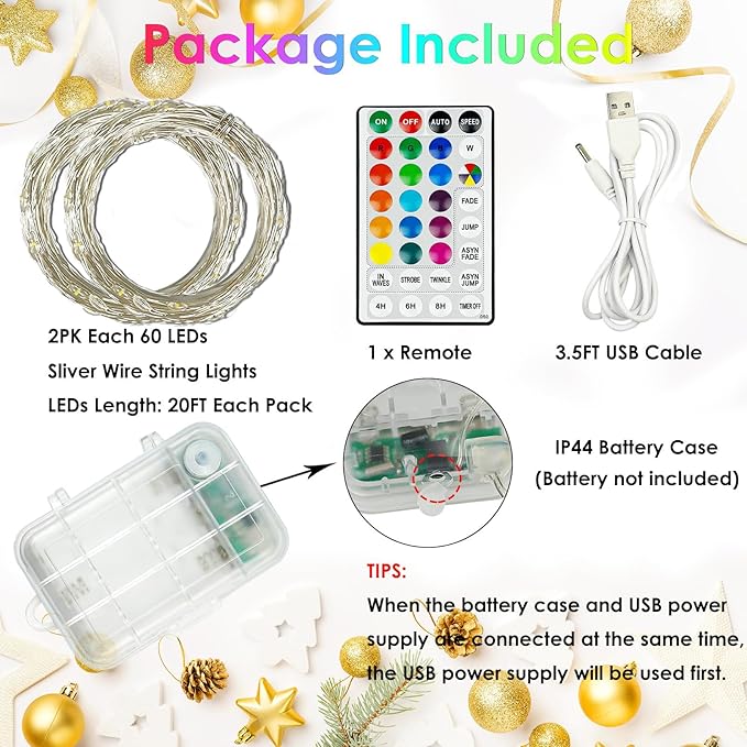 2 Pack Christmas Fairy Lights Battery Operated, 20FT 60LED RGB Color Changing String Lights, Indoor & Outdoor Twinkle Light with Timer and Remote for Bedroom Wedding Birthday Christmas Decorations