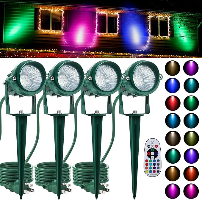 Fovths 4 Pack Christmas Spotlight 12W RGBW Outdoor Landscape Lights Spot Light with Remote Control IP65 Waterproof 120V Lights 16 Color Changing for Xmas Garden Path Yard Decor