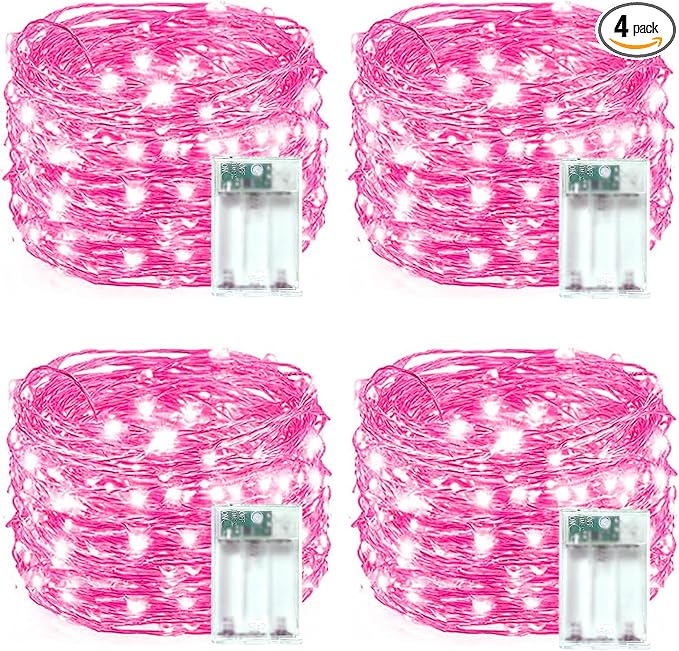 4 Pack 60 LED Christmas Fairy Lights Battery Operated with Timer, 20FT Waterproof Twinkle Lights Indoor Outdoor, String Lights for Bedroom, Wedding, DIY, Centerpiece, Christmas Decorations(Pink)