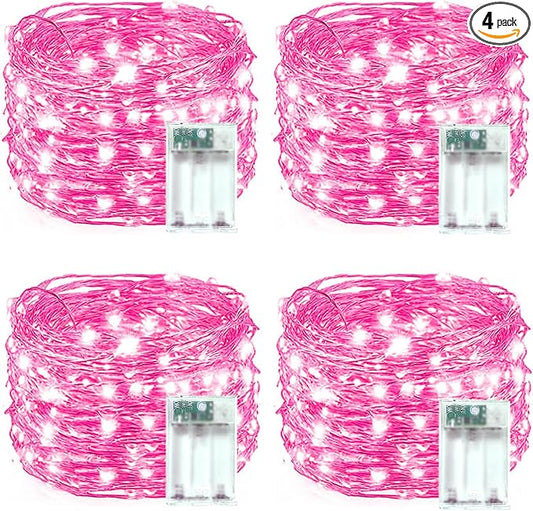 4 Pack 60 LED Christmas Fairy Lights Battery Operated with Timer, 20FT Waterproof Twinkle Lights Indoor Outdoor, String Lights for Bedroom, Wedding, DIY, Centerpiece, Christmas Decorations(Pink)