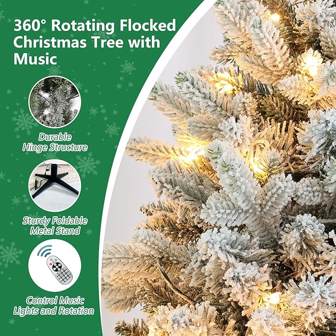 Rotating Flocked Christmas Tree 7ft - Prelit Musical Artificial Xmas Tree with Remote Control, 1220 PE & PVC Mixed Tips, 8 Modes 380 Multicolor LED Lights for Holiday Decor