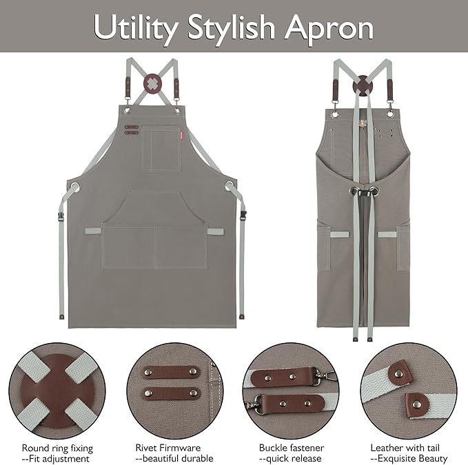 5 Pack Kitchen Apron, Work Apron, Canvas, Multiple Pockets, Gardening, Painting, BBQ, Artist, Carpenter, Sizes M to XXL, Dark Gray