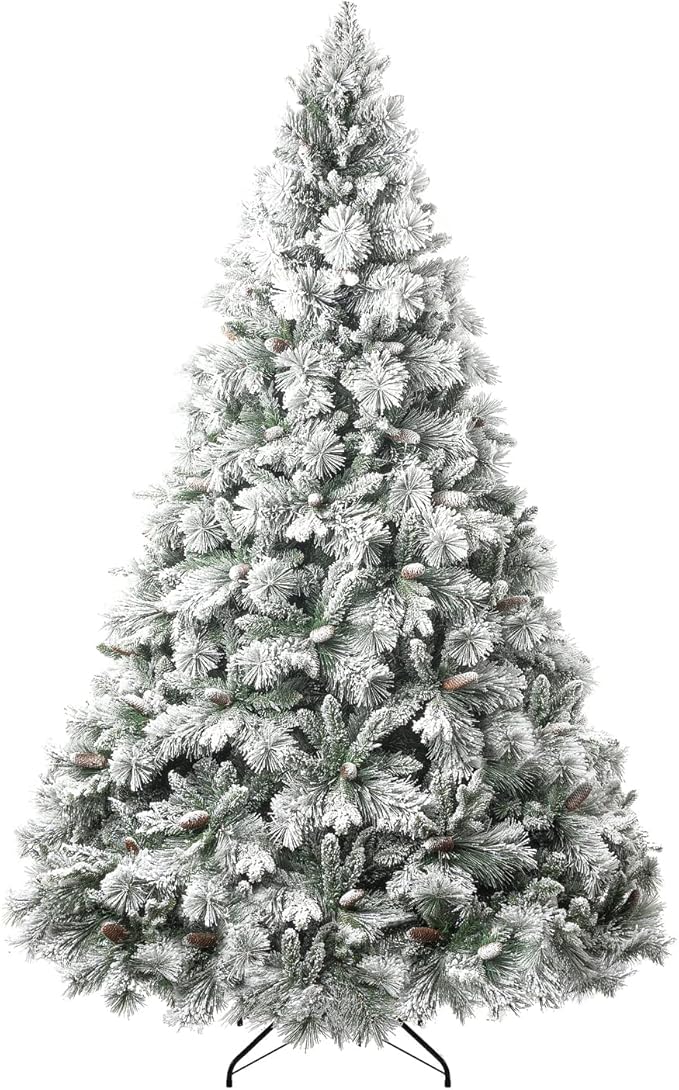Glasgow 7.5ft Frosted Prelit Artificial Christmas Tree with Pine Cones, Foot Pedal, 1556 Branch Tips, 750 Warm Lights & Metal Stand, 61" Wide Realistic Pine Snow Flocked Christmas Tree with Lights