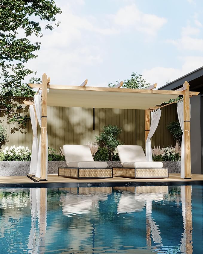 Garvee 10x13 Ft Outdoor Pergola with Retractable Canopy Aluminum Gazebo Imitation Wood-Grain Post with Side Mesh Screen Modern Pavilion for Backyard Deck(Beige+White)