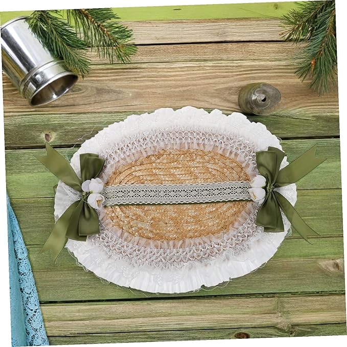 Vintage Lolita Straw Sun Hat with Adjustable Bowknot Ribbon Lightweight Breathable Bonnet for Women Elegant Victorian Cottagecore Accessory for Garden Parties Beach Sun Protection Green