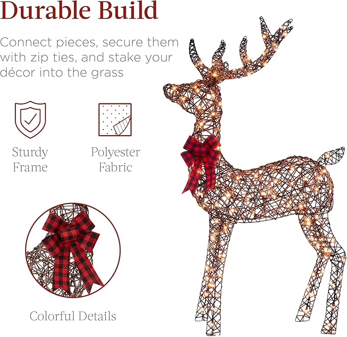 Best Choice Products 3-Piece Large Lighted Christmas Deer Family Set 5Ft Outdoor Yard Decoration with 360 LED Lights, Stakes, Zip Ties - Rattan