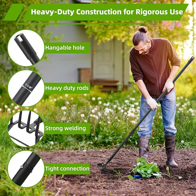 Weeding Hoe Garden Tool, 2 in 1 Stirrup Hoe and Cultivator with 62 inch Adjustable Long Handle, Heavy Duty Metal Garden Action Scuffle Hoes for Efficient Weeding Soil Aeration Small Weeder Tool