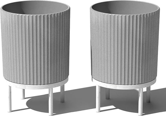 Veradek Demi Series Round Planter w/Stand for Porch/Patio | Durable Plastic-Stone Composite & Wooden Stand | Modern Décor for Tall Plants, Flowers