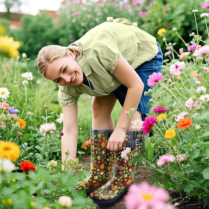 landchief Rain Boots for Women, Waterproof Ladies Tall Knee High Rubber boots,Comfort Garden Boots Anti-Slip Mid Heel Women Rain Shoes Outdoor