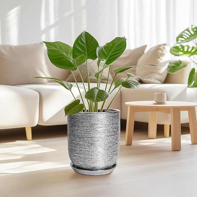 10 Inch Plant Pot - Ceramic Planter for Indoor Outdoor Flowers, Cylinder Modern Flower Pot with Drainage Hole and Saucer, Gifts for Plants Lovers, Home Garden Office House Decor, Silver