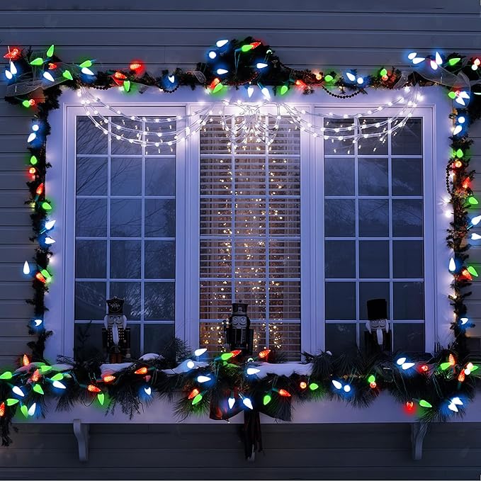 WBao C6 Battery Operated Christmas String Lights, 60 LED 20ft with 8 Modes, Auto Timer, Waterproof for Indoor Outdoor Christmas Trees, Fence, Stairs Xmas Decorations, Red Green White