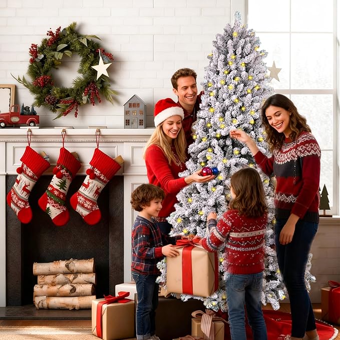7.5ft Snow Flocked Christmas Tree Pre-lit with 798 Warm & Multi-Color Automatic Lights Christmas Tree with 1869 PVC Branch Tips Xmas Tree for Holiday Home Decor