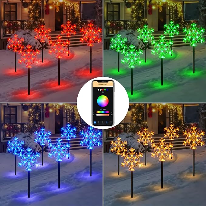 FREECUBE 6 Pack Smart Snowflake Pathway Lights with APP & Remote Control, RGB DIY, Music & Timer, 80+ Scene Mode Lighted Snowflake Christmas Decorations for Yard, Patio, Walkway