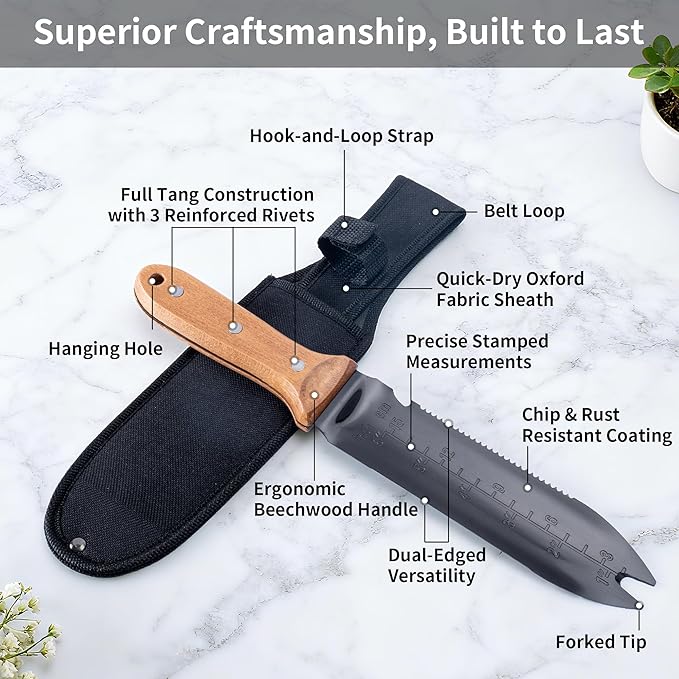 YANG Hori Hori Garden Knife, 7" Stainless Steel Gardening Knife with Oxford Cloth Sheath, Full Tang Beechwood Handle EDC Garden Tool for Dividing Plants & Weeding, Forked Tip for Transplanting