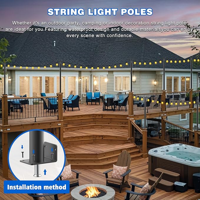 zoegi 10 Pack 5Ft String Light Poles,Light Poles for Outside Lights with Fork,Outdoor Brackets Hanging Lights,Metal Stand for Deck Patio,Backyard,Wedding,Deck,Party