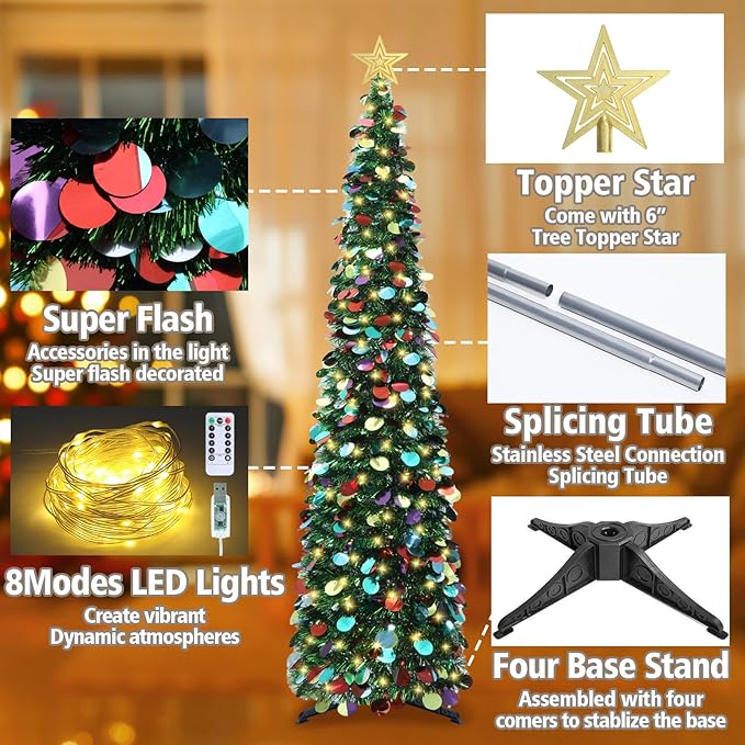 HMASYO 6 FT Pop Up Christmas Tree with 100 LED Lights & Remote, Green Christmas Tinsel Tree, Collapsible Artificial Pencil Tree for Home Office Party Decor, USB Powered Timer Lights, Easy Assembly
