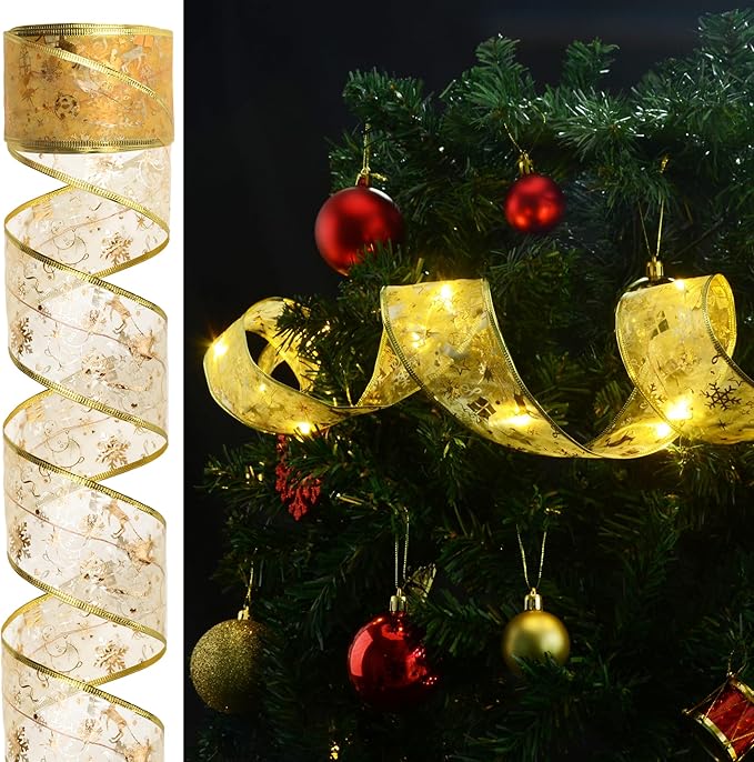 Christmas Decorations - 2.5Inch x 66Ft 200 Led Christmas Tree Ribbon Lights with 8 Lighting Modes, Battery Operated & USB Powered Fairy String Lights with Timer for Xmas Tree Decor