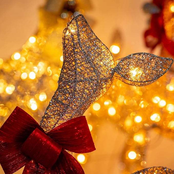 YULETIME 3-Piece Pre-lit 3D Christmas Reindeer Family, Lighted Glitter Christmas Deer Family Holiday Decoration with Warm White LED Lights (3D 3-Piece)