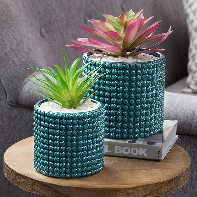 MyGift 6 Inch Ceramic Round Planter Pot, Set of 2 Vintage-Style Turquoise Ceramic Flower Pots, Indoor Hobnail Textured Cylindrical Succulent Plant Containers