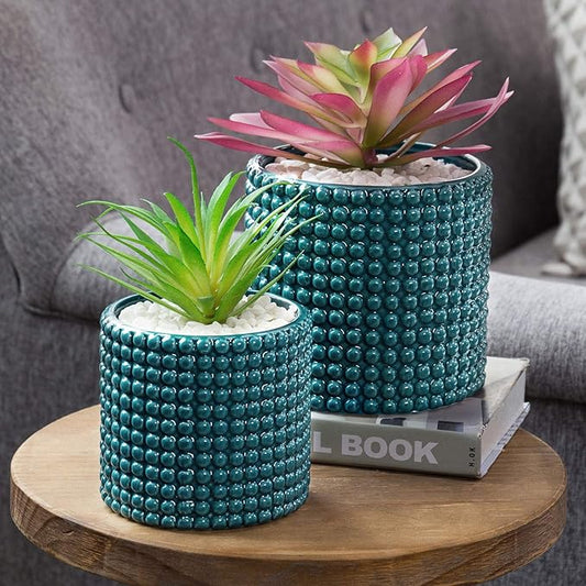 MyGift 6 Inch Ceramic Round Planter Pot, Set of 2 Vintage-Style Turquoise Ceramic Flower Pots, Indoor Hobnail Textured Cylindrical Succulent Plant Containers