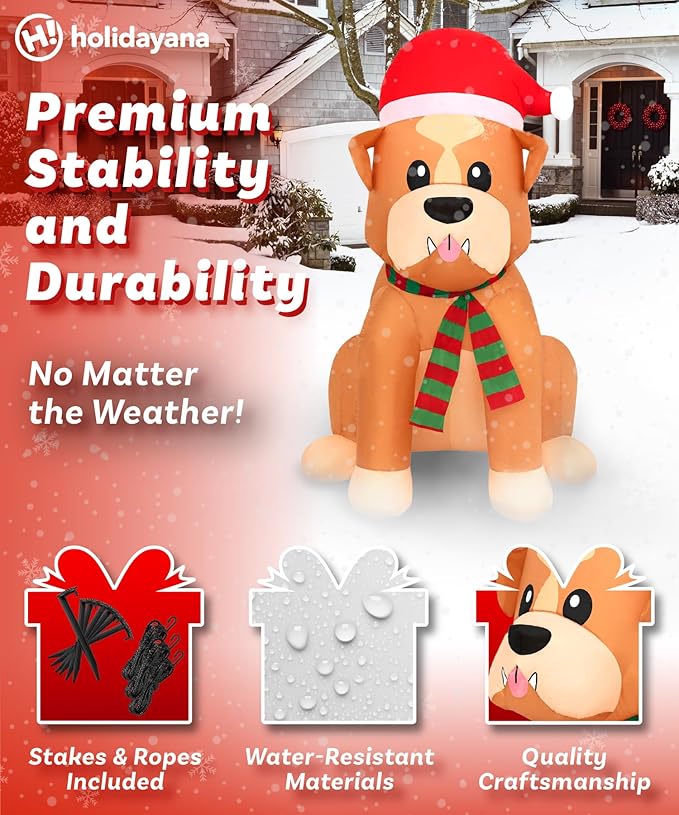 Holidayana Christmas Inflatables Large 5 ft Santa Hat Bulldog - Inflatable Outdoor Christmas Decorations Blow Up X-mas Decorations for Yard, Lawn & Garden Internal Lights & Built-in Fan