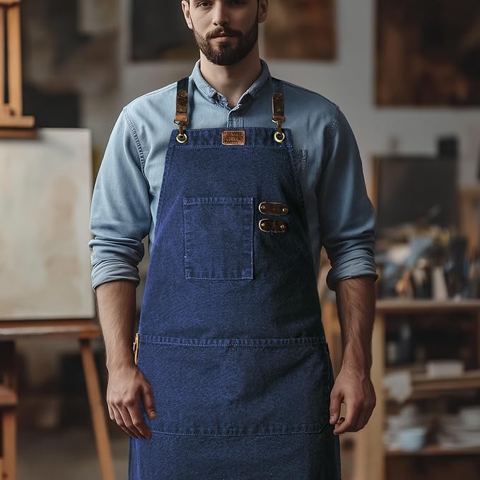 LEATHER VILLAGE Chef Aprons for Men Women with Large Pockets, Cotton Canvas Cross Back Adjustable Work Apron, Size M to XXL