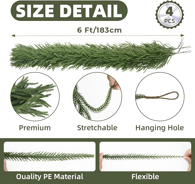 4Pcs Norfolk Pine Garlands 6FT, Christmas Decorations Indoor, Real Touch Hanging Xmas Garland, Realistic Holiday Wall Decor, Artificial Greenery for Mantle, Fireplace, Table, Tree, Outdoor