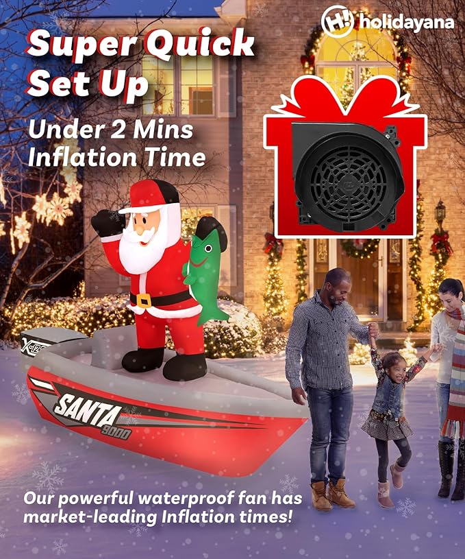 Holidayana Christmas Inflatables Large 6 ft Santa Fishing Boat - Inflatable Outdoor Christmas Decorations Blow Up X-mas Decorations for Yard, Lawn & Garden Internal Lights & Built-in Fan