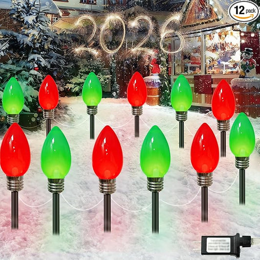 IDEAALS 12 Pack Jumbo Red and Green Plug in C9 Christmas Lights Outdoor，LED Pathway Lights Waterproof, Strawberry Light Christmas Decorations Outdoor for Walkway Party Patio Garden Lawn Yard Decor