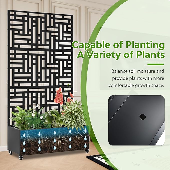 Metal Planter Box with Trellis,71”Raised Garden Bed with Trellis Privacy Screen and Drainage.Wheeled for Patio Flexibility,for Climbing Veggies/Flowers.DIY-Friendly Design