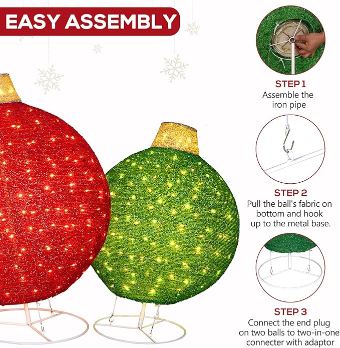 Hykolity 2 Pack 30" & 24" Pop-Up Iron Christmas Ornament Set, 350 Warm White LEDs with UL Transformer, 8 Light Functions & 18H Timer, Red & Green